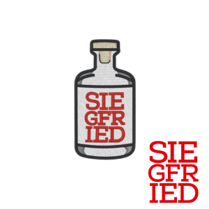 Eine gestickte Version der Siegfried Flasche in der mitte und das original Siegfried Logo unten rechts im Ecke